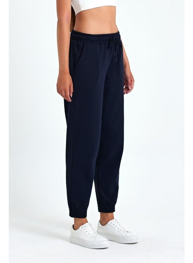 mmetalic Women's Navy Blue Cotton Thick Leg Elastic High Waist Comfortable Jogger Sweatpants - Image 1